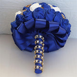 7 Inch Wedding Bouquet Satin Rose Bridal Holding Bridesmaid Gold Pearl Brooch Artificial Flower Bouquet For Indoor Church Wedding, Bridal Shower, Toss Bouquet, Quinceanera (Royal Blue Ivory)