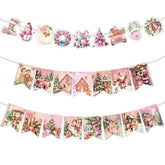 2 Pack Pink Christmas Decoration Banner,Vintage Christmas Hanging Garland Banner Santa Claus Christmas Tree Gingerbread House Bunting Banner For Classroom Home Fireplace Indoor Christmas Party Decor