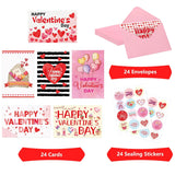 24 Pack Valentines Day Cards Assortment Bulk Hearts Greeting Cards With Envelopes And Stickers For Valentines Day Party Favors Supplies