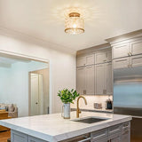 Satin Nickel Semi Flush Ceiling Light with Hammered Glass Farmhouse Fixture