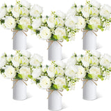 6 Sets Artificial Peonies Flower Peony Bouquet With Galvanized Metal Pot Silk Fake Peonies Faux Flower Arrangements For Wedding Table Centerpiece Party Home Room (White)