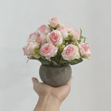 Artificial Flower Mini Potted Plant, Small Pink Roses + Paper Pulp Round Vase, Small Fake Plants Potted Plant Decoration, Suitable For Office, Bookshelf, Dining Table, Living Room, Desk, Wedding