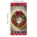Plaid Christmas Door Banner 71X35 Inch Large Outdoor Holiday Decoration With Red Green Ornament Wreath Print And Buffalo Check Bow – Merry Christmas Backdrop For Porch Entryway Party