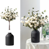 Fake Flowers In Vase For Centerpieces: Metal Vase With 12 Stems Of Artificial Mums Kiku Flowers Eucalyptuses Home Table Decor - White Faux Pom Poms Floral Arrangements For Living Room