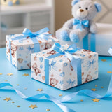 Bear Bow Wrapping Paper Roll For Baby Boy, Mini Roll, Blue Bear With Heart, Bow And Star Gift Wrap Paper For Baby Shower, Birthday And Special Occasions, 17 Inches X 16.4 Feet