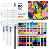 100 Colors Watercolor Paint Set - 50 Regular, 35 Metallic, 10 Macaron And 5 Fluorescent Colors - Portable With Carrying Case, Water Brush Pens, And Accessories - For Beginners And Professionals