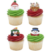 Christmas Rings, Holiday Icon Cupcake Decorations, Cupcake Toppers Featuring Santa, Reindeer, Snowmen, And Penguins, Festive Food Safe Cake Topper – 24 Pack