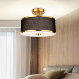 3 Light Gold Drum Ceiling Light with Black Fabric Shade Modern Semi Flush Mount Fixture