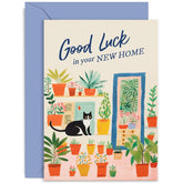 Old English Co. Good Luck In Your New Home Card For Couple - Cat And House Plants Quirky Design For Him Or Her - Housewarming Card - Moving Card For Him Or Her | Blank Inside With Envelope