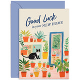 Old English Co. Good Luck In Your New Home Card For Couple - Cat And House Plants Quirky Design For Him Or Her - Housewarming Card - Moving Card For Him Or Her | Blank Inside With Envelope