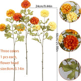 3 Pcs Artificial Marigold Flowers Artificial Chrysanthemums Ball Flower Orange Silk Mums Flowers Spring Branches For Home Decor Floral Arrangement Table Centerpiece