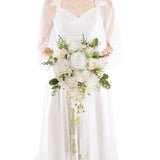 12 Inch Cascade Wedding Bouquets For Bride, Ivory & Champagne Cascading Bridal Bouquet For Wedding Silk Artificial Flowers