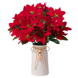 Artificial Red Poinsettia Christmas Flower Arrangement In White Ceramic Vase, Xmas Holiday Faux Floral Centerpiece Ornaments For Home, Office, Table, Shelf, Or Gift Décor