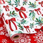 Christmas Wrapping Paper Roll, Red And Green Wrapping Paper, Reversible Elegant Watercolor Holly, Bow, Snowflake Christmas Themed Holiday Gift Wrap For Winter Celebrations (17 Inch X 33 Feet)