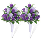 Set Of 2 Artificial Cemetery Flowers, Grave Memorial Flowers With Vase, Outdoor Grave Decorations Roses For Cemetery Headstones Decoration (Purple)