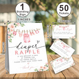 Baby Shower Diaper Raffle Game Kit - Floral & Accessories, 50 Tickets & 1 Standing Sign, Decoration For Shower, Gender Reveal, Announcement, Party Favor & Decorations - B03