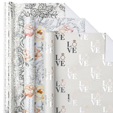 Wedding Floral Wrapping Paper Roll, Silver Flowers & Love Ring, Metallic Foil Design For Wedding, Engagement, Bridal Shower, Anniversary, Mini Roll, 17 X 120 Inches, 3 Rolls