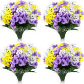 50 Bundles Artificial Flowers Outdoor Uv Resistant Faux Silk Pansy Flowers Bulk Plastic Fake Plants For Home Wedding Kitchen Garden Table Centerpieces Summer Decor, Purple, Yellow, White