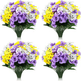 50 Bundles Artificial Flowers Outdoor Uv Resistant Faux Silk Pansy Flowers Bulk Plastic Fake Plants For Home Wedding Kitchen Garden Table Centerpieces Summer Decor, Purple, Yellow, White