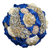 7 Inch Wedding Bouquet Satin Rose Bridal Holding Bridesmaid Gold Pearl Brooch Artificial Flower Bouquet For Indoor Church Wedding, Bridal Shower, Toss Bouquet, Quinceanera (Royal Blue Ivory)