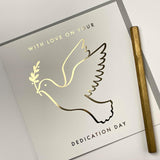 Old English Co. Gold Foil Dove Dedication Day Card For Him Or Her - Thoughtful Dedication Day Card For Boy Or Girl - Religious Faith Special Day Greeting Card For Family | Blank Inside With Envelope