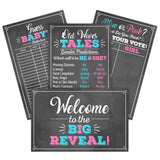 Gender Reveal Party Game Decoration Kit Includes 4- 11" X 17" Posters- Old Wives Tales, Voting Scoreboard, Baby Birth Predictions, And Welcome Sign- Black, Pink & Blue- Boy Or Girl