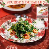 50 Count Christmas Oval Paper Plates, 10" X 12.5" Large Disposable Dinner Serving Platters, Poinsettia Design For Xmas Dinnerware Table Decorations