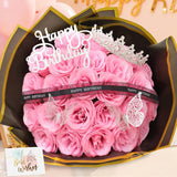 Glitter Roses Bouquet,Birthday Gifts For Women Mom,Diy Fake Flowers Bouquet With Birthday Stand-Up Signs,24 Pink Rose For Grandma Wife Friends Valentines,Anniversary,Engagement,Wedding