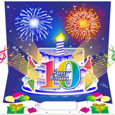 10Th Birthday Cards Pop Up 3D Cake - Firework & Music & Blow Out Candle Light Funny Happy 10Th Blue Colorful Birthday Card Gifts Party Decor For Kids, Boys, Girls, Son, Daughter, Grandson