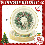50Pcs Merry Christmas Paper Plates Xmas Wreath Disposable Plates 9 Inch Decorative Dinner Dessert Plates For Home Party Tableware Supplies