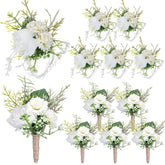12 Pcs Wedding Corsage And Boutonniere Set Artificial Rose Wedding Corsage Wristband With Pins For Prom Men Bride Party Accessories Groom Groomsmen Bridesmaids Women (Retro,White)