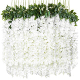 12Pcs Artificial Wisteria Flowers 3.25Ft Fake Silk Wisteria Rattan Hanging Flower Garland String For Wedding Arch Party Centerpieces Wall Background Home Decor (White)