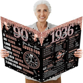 Large 90Th Birthday Card For Women With Envelope, Black Rose Gold Happy 90Th Birthday Guest Book Gifts Jumbo Ninety Greeting Card Back In 1936 Decorations Party Supplies