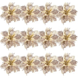 Christmas Poinsettia Flowers Glitter Poinsettias Gold Christmas Tree Decorations Artificial Flowers With Stems And Clips Xmas Wreath Ornaments, 12 Pieces,5.5 Inch