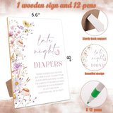 13 Pcs Late Night Diapers Baby Shower Games, Include Wood Sign And 12 Pens, Gender Reveal Games, Baby Shower Games Table Sign, Flower Decorations, Newborn Announcement Party Decor Supplies