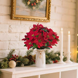 Artificial Red Poinsettia Christmas Flower Arrangement In White Ceramic Vase, Xmas Holiday Faux Floral Centerpiece Ornaments For Home, Office, Table, Shelf, Or Gift Décor