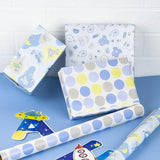 Blue Baby Shower Wrapping Paper Roll, Baby Bear Toy & Polka Dots For Baby Boy'S 1St Birthday, Newborn Party, Mini Roll With Cut Lines, 17 X 120 Inches, 3 Rolls