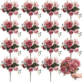 16 Packs Artificial Peony Flowers Faux Peonies Bouquet Silk Vintage Wedding Home Table Door Decor Reusable Bouquet Rose Flowers For Bridal Wedding Birthday Home(Dark Pink,Elegant)