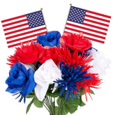 12 Stems Patriotic Memorial Bouquet Artificial Blooming Chrysanthemum, Thank You Veterans Roses With American Flags, Artificial Full Blooming Flowers For Memorial Day, Red/Blue/White