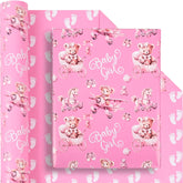 Baby Girl Reversible Wrapping Paper Roll For Kids Girls Women - Pink Bear Airplane And Baby Feet Design For Birthday Present New Baby Shower Decoration Total 28.5Sq.Ft