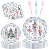 Nutcracker Christmas Plates Decor - 96 Pcs Pink Blue Nutcrackers Xmas Party Decorations Disposable Dessert Paper Plate Napkins Forks Tableware Supplies For Winter Holiday Serves 24 Guests