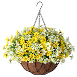 Artificial Silk Flowers Hanging Baskets Outdoors,Chrysanthemum With Eucalyptus Leaves Arrangement For Garden Yard Decor,Faux Plant In Metal Coconut Lining Flowerpot(Yellow)
