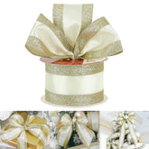 Gold Wired Satin Ribbon With Glitter Stripe Edges 2.5 Inch, Gold And White Christmas Ribbon For Tree, Bows Making, Wreath Supplies, Gift Wrapping Garland, Home Decor, Crafts -10 Yards