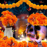 66Pcs Day Of The Dead Decorations Set - 2 Marigold Garland, 50 Artificial Marigold Flowers With Stems & 12 Monarch Butterfly Decoration For Dia De Los Muertos Indian Diwali Altar Decor