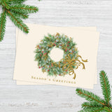 Masterpiece Wreath With Berries Christmas Cards / 16 Boxed Seasons Greetings Holiday Card Set With Coordinating Gold Foil Lined Envelopes / 5 5/8" X 7 7/8" Folded Winter Greeting Cards With Inside
