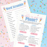 What'S The Scoop Gender Reveal Party 2 Game Bundle - What'S On Your Phone And Word Scramble - 20 Dual Sided Cards, Here'S The Scoop Ice Cream Baby Shower