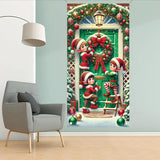 Christmas Door Cover Elf Banner 71 X 35 Inch Holiday Green Door Backdrop With Santa’S Helpers Hanging Wreath Candy Ornaments And Snow For Christmas Party Wall Decor Front Door
