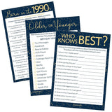 Navy Blue And Gold 30Th Birthday Game Bundle - Set Of 3 Birthday Party Games For 20 Guests, Born In The 1990S Theme