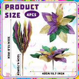 4 Pcs 16'' Mardi Gras Flowers Mardi Gras Poinsettia Flowers Artificial Extra Large Glitter Poinsettia Picks Stems Ornaments Purple Gold Green Foldable Floral For Holiday Party Decorations