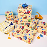 Reversible Construction Birthday Wrapping Paper Roll For Boys Kids - Bulldozers, Rollers Lift, Happy Borthday Text And Yellow Polka Dots Gift Wrap For Holiday Baby Shower Diy Craft Party - 17 In X 20 Ft(Total 28.5Sq.Ft)